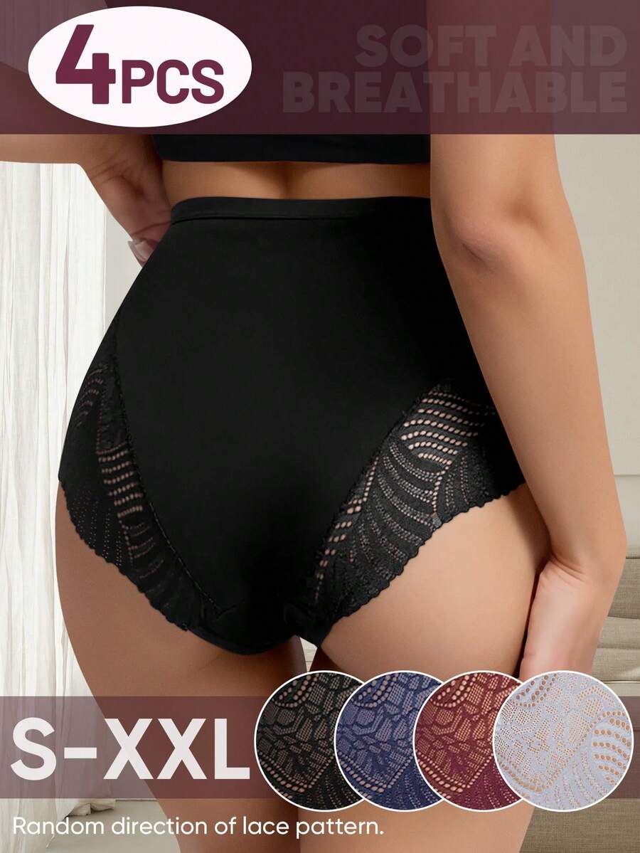 MIOTAN 4 bucăți de chiloți modelatori cu talie înaltă pentru femei, din dantelă, model jacquard, moi și confortabili, respirabili - Multicolor - Vizualizare 1