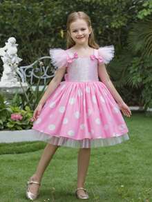 小女孩亮片蝴蝶结薄纱盖袖波尔卡圆点派对礼服，优雅公主裙，适合女孩生日派对、婚礼、花童、舞会、庆典、节日 - 粉色 - 查看 4