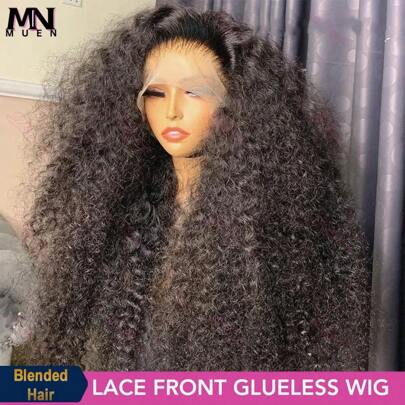 Peruca Frontal de Renda com Cabelo Misturado, Densidade de 200%, Cor Natural, Encaracolado Jerry, 13x4, Cor Natural, Peruca Frontal de Renda Encaracolada para para Uso Diário, 8-34 Polegadas, Peruca Frontal de Renda Ondulada, Cabelo Misturado Humano, Sem Cola, Pré-Cortada, Pré-Desfiada, Linha de Cabelo Natural com Cabelo Bebê, Molhada e Ondulada