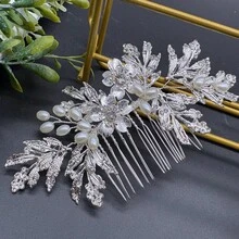 1 Stück handgefertigter Braut Silber & Gold Strass Haarschmuck, Haarklammer aus Legierung mit Blatt, schwerer Metall Blatt Haarclip, geeignet für Hochzeit, Verlobung, Abschlussball
