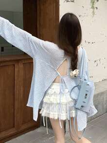 露背系带设计蓝色条纹宽松长袖上衣，休闲薄款衬衫