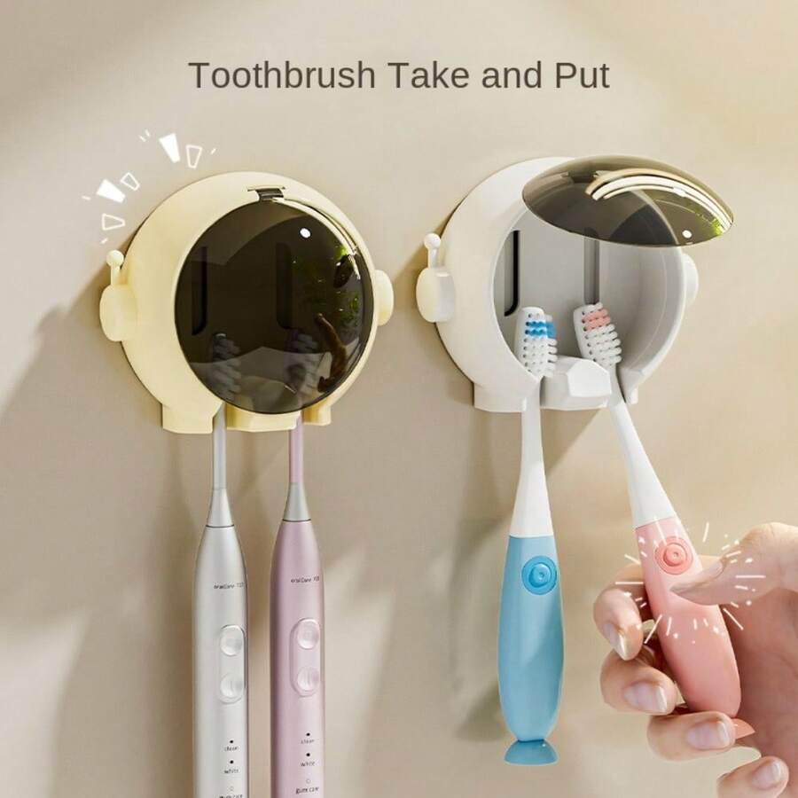 No-Drill Toothbrush Organizer With Dust Cover - Space-Saving Wall Mount Holder For Electric/Manual Brushes