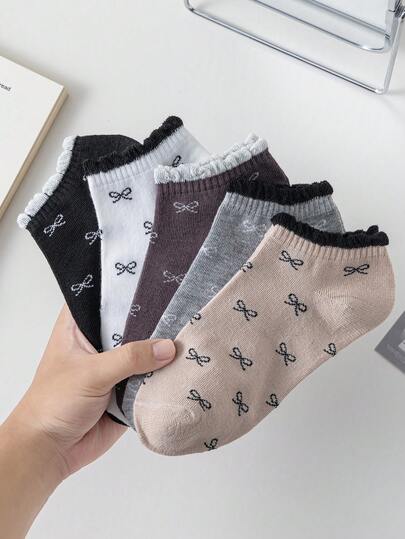 1/5/10双装纯色蝴蝶结蕾丝边短袜，时尚舒适透气学院风女袜，适合日常办公、休闲、运动、节日等各种场合，四季皆宜，亦可作为圣诞礼物。