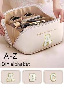 PU Leather Waterproof Cosmetic Bag, Lettered Cosmetic Bag,Multifunctional Travel Storage Bag, Large Capacity Double Layer Cosmetic Bag,Makeup Bag,Travel Essential - Multicolor - View 3