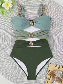 Polovedo Official Women's Colorblock Hollow-Out One-Piece Swimsuit - Green - View 2