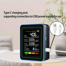 Indoor Air Quality Monitor 5 In 1, Household Air Detector, Portable CO2, TVOC, HCHO, Humidity & Temperature Tester For Home, School, Hotel, Office, Automobile (Blue + Black)