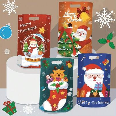 50 pezzi Sacchetti di plastica per caramelle natalizie con chiusura a forma di T - Multicolore rosso, dorato, verde, blu, borse regalo festive con disegni di pupazzo di neve, pan di zenzero, calza e albero - Borse per feste robuste per dolcetti, regali e decorazioni natalizie