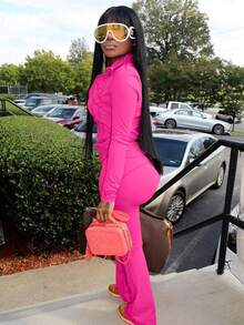 Bộ đồ 2 mảnh trơn màu dài tay có khóa kéo dành cho nữ, thoáng khí, mặc hàng ngày, ngoài trời, đi làm, công sở, xuân/thu - Màu Hoa hồng đỏ - Xem 2