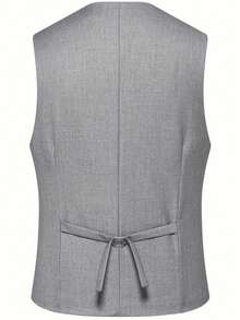 3-Piece Solid Color Men's Suit Set, Regular Fit, With Pockets And Buttons, Suitable For Going Out On Dates, Anniversary Photoshoots, Formal Occasions, Dinners, And Daily Wear, (Applicable For) Valentine's Day - 灰色 - 查看 5