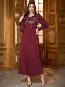 Women's Solid Color Round Neck Elegant Long Sleeve Maxi Arabic Dress With Rhinestone, Pearl Beading, Waist Tie Design, Soft & Comfortable, Suitable For Festivals, Daily, Casual Wear - Burgundy - View 5
