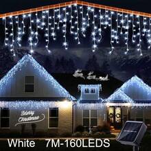 1 pieza Luces de cadena con energía solar, 97/160 luces de carámbano solares LED, luces de hadas impermeables para exteriores, luces de cortina para jardín, patio, Halloween, Navidad, Acción de Gracias, fiestas, campamentos, bodas y cumpleaños - Impermeable, 8 modos de parpadeo