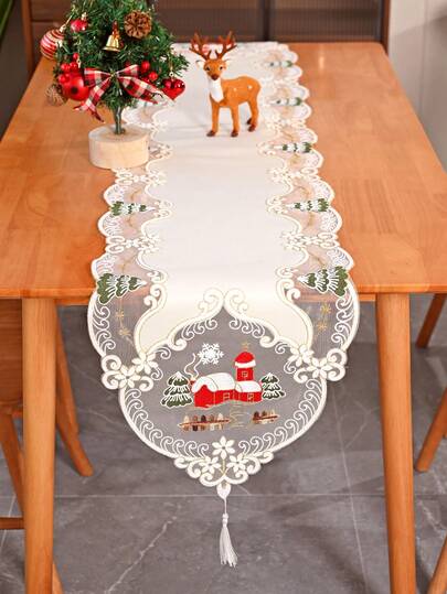 1pc Beige Christmas Table Runner, Farmhouse Style Polyester Satin Fabric With Christmas Tree & Cabin Embroidery, Suitable For Living Room, Bedroom, Dining Table, TV Cabinet, Sideboard, Chest Of Drawers, Etc.