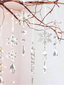 10pcs Christmas Tree Decoration Crystal Ornaments - Hanging Acrylic Christmas Snowflake Icicle Drop Crystal Ornaments For Xmas Tree Winter New Year Party Supplies,Christmas