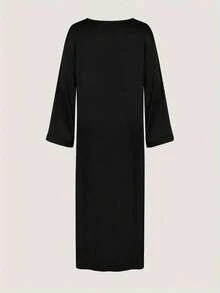 Women's Solid Color Arabic Style Long Sleeve Dress, Casual Long Dress Black - Black - View 3