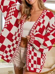 Women's Drop Shoulder Long Sleeve Open Front Mixed Color Plaid Knit Cardigan - Red and White - View 5