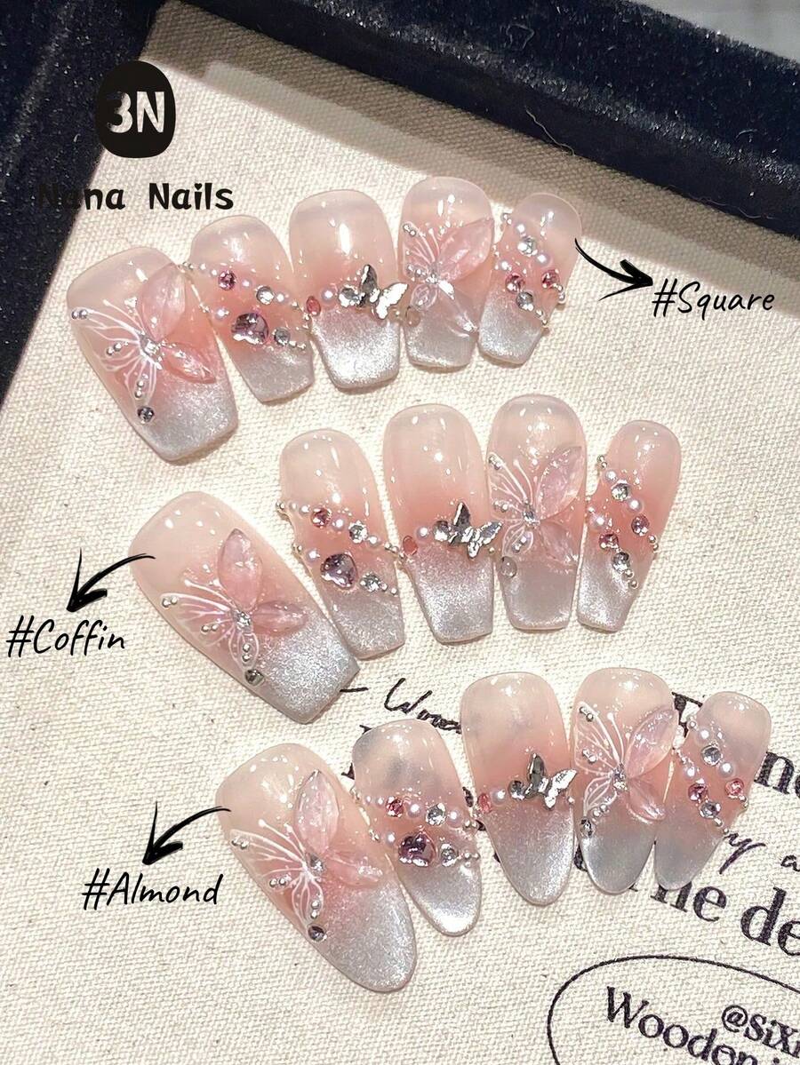 1Package/10pcs Pink Cat Eye French 3D Butterfly Pearl Crushed Diamond Hand Acrylic Press On Nails, Gentle Sweet Short Coffin & Long Almond Full Cover Fake Nails Valentine's Day Nails, Wedding Bride Wears Nails, With Jelly Glue And Nail File, Home DIY Nail Art Supplies