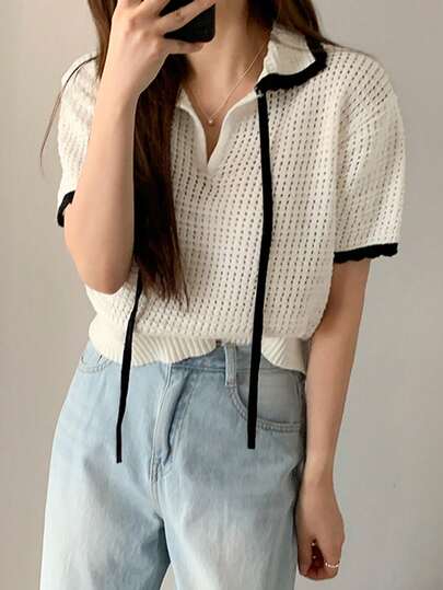 女士休闲镂空撞色 Polo 领针织上衣，夏季