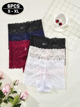 6 piezas Bragas de bikini de encaje para mujer de unicolor, sexy, elegantes, cómodas y transpirables, versátiles para uso diario