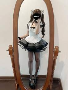 Vintage Black And White Striped Lolita Maid Costume Subculture Japanese Cute Apron Set Cosplay Dress - Bộ vest sọc đen + váy lót vải tuyn đen - Xem 4