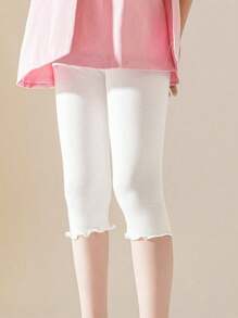 4 Pairs Summer Girls/Kids/Infants Ruffle Edge Capri Leggings, White/Gray/Black/Pink Solid Colors, Thin 3/4 Length Pants, Casual Cute Fashion, Soft & Comfortable Bottoms, Suitable For Daily Wear, Can Be Paired With Tops Or Skirts