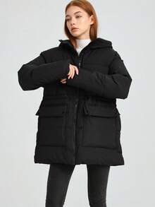 New Women's Black Hooded Padded Coat With Drawstring And Pockets Long Regular Sleeve Winter Jacket