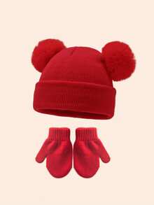 2件套可爱针织毛球婴儿帽和加厚保暖护耳帽套装，包含儿童手套和帽子，适合1-3岁幼儿，冬季适用 - 多色 - 查看 10