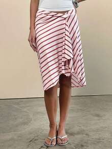 Women Y2k Low Rise Striped Maxi Skirt Asymmetrical Low Waist Ruffle Long Skirts Vintage Coquette A-Line Skirt - Hồng - Xem 4