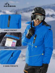 NASBING 男士冬季滑雪服 防水防风 滑雪板保暖连帽冬装 4口袋派克大衣 徒步露营登山滑雪 - 藍色 - 查看 5