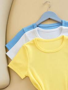 Kit 3 Women's Ribbed Blouses, Baby Tee, Basic Short Sleeve Babylook Colors  2025 - Yellow/White/Blue - View 2