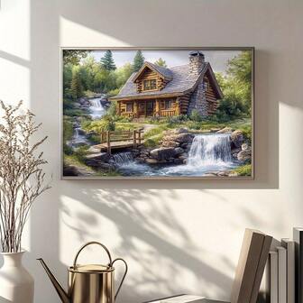 Charming Woodland Cabin & Stream Canvas Art Print - Perfect For Living Room, Bedroom, Office Decor | Frameless Wall Decor Gift