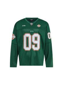 MT99 Camisa de manga larga de secado rápido con cuello en V hueco, estampado de letra 09 y manga globo, estilo americano, color verde oliva - Verde - Ver 4