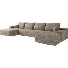Oversized U Shaped Modular Sectional Sofa Cloud Couch With Chaise Lounge And Movable Ottoman, Fluffy Corduroy Upholstered Boneless Sofa Deep Seat Couches W/Pillows - 駱駝 135.4 英吋寬 - 查看 4