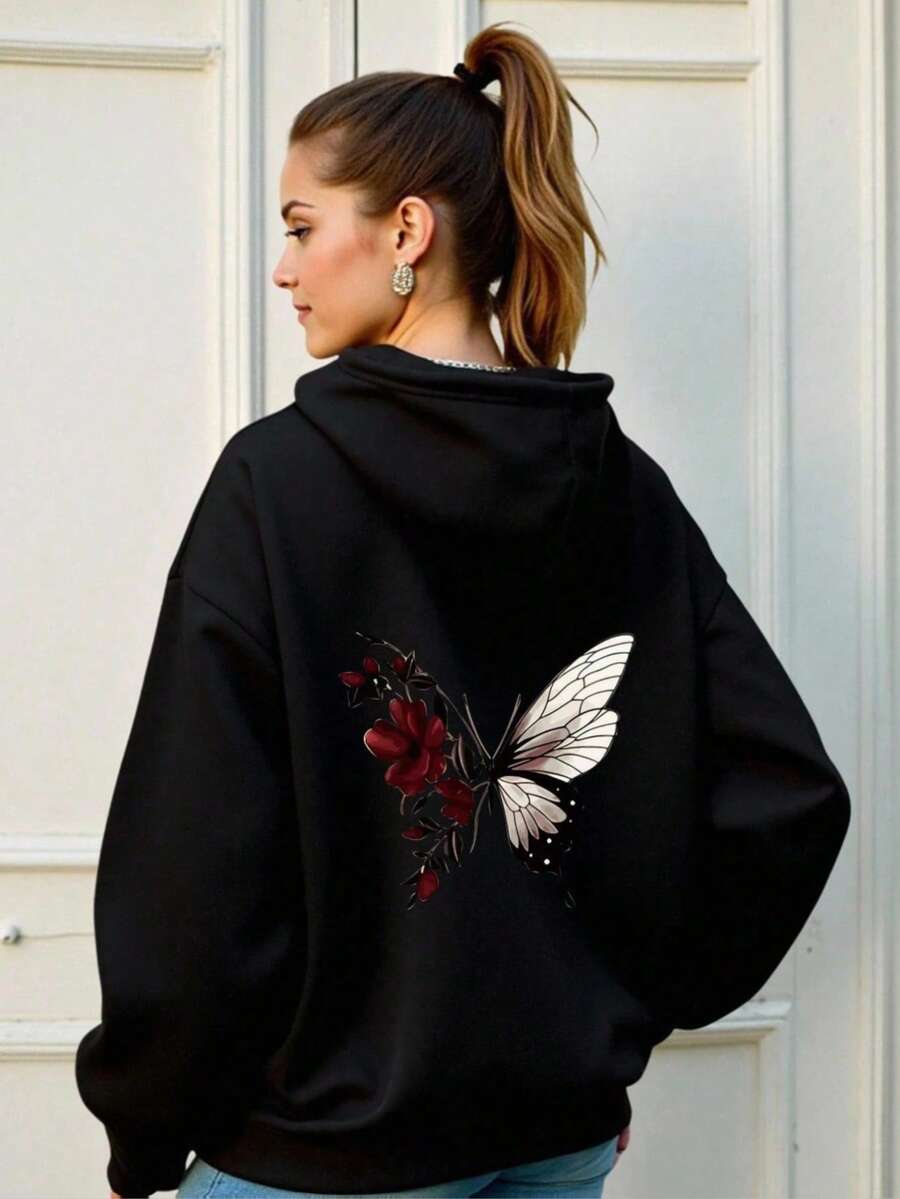 Mujer003-1 Sudadera de mujer Almacén local en México invierno sudadera de manga larga cómoda suave Sudadera con capucha negra, estampado de mariposa y flores rojas - Negro - Ver 1