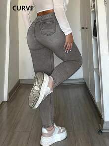 Plus Size Women's Denim Stretch Fashionable Long Pants - Xám - Xem 5