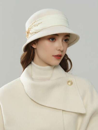 1pc 2025 New French Elegant Crystal Flower Decor Wool Hat, Fashion Versatile Women Autumn/Winter Felt Round Top Bucket Hat Autumn Outfits