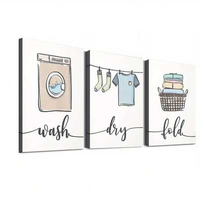 Juego de 3 piezas de decoración para la lavandería - Arte de pared de lienzo moderno con los temas de lavar, secar y doblar, impresión a prueba de agua, tema de dibujos animados, para uso interior/exterior, estilo art decó, marco de lienzo envuelto, decoración para el hogar, oficina, sala de estar, dormitorio, baño, comedor