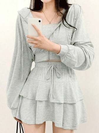 韩版优雅长袖外套和高腰蛋糕裙运动休闲两件套