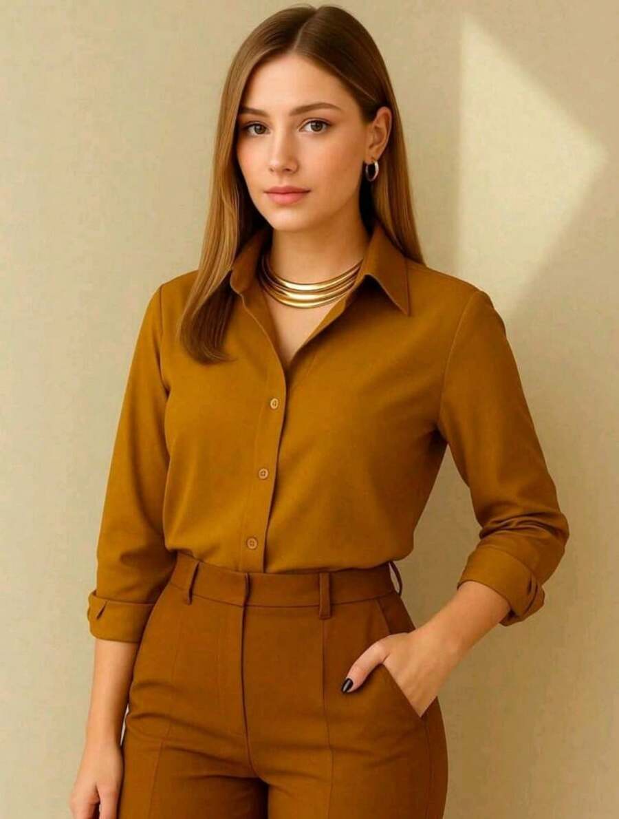 Women's Fashion Long Sleeve Striped Dress Shirt - Masala - Xem 1