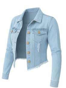 Women's Denim Jacket, Long Sleeve, Beige, Frayed, Premium Line - 蛋白絲 - 查看 2