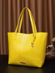 Women's Shoulder Bag European And American Style Crocodile Print Tote Bag Blue Large Capacity Commuter Tote Bag With Coin Purse Blue Crocodile Leather Tote Bag Large-Capacity Mother-In-Law Bag Fashionable And Versatile Handbag - 黃色 - 查看 3