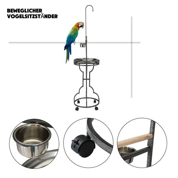 Parque de juegos para pájaros con ruedas: comedero y recogedor de excrementos de acero inoxidable, de metal y madera de pino, móvil, 182 cm de alto, color negro y plateado.