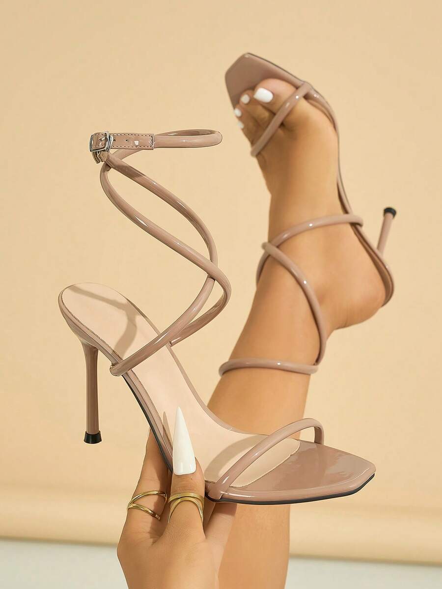 Giày cao gót nữ, phù hợp cho mùa xuân/hè, hộp đêm, tiệc tùng, ngoài trời, thời trang, người nổi tiếng, tiệc cao cấp. Thiết kế tinh xảo, gót nhọn, mũi vuông, tiệc tùng, kỳ nghỉ, sang trọng, gợi cảm, da PU, quai mảnh chéo, khóa cài, màu trơn bóng, chất liệu thoải mái, thanh lịch, sang trọng, giày nữ màu be, giày cao gót thanh lịch, giày cao gót thời trang
