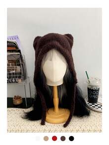 1 pièce Chapeau tricoté noir avec oreilles de chat et petite queue, automne/hiver - Multicolore - Voir 6