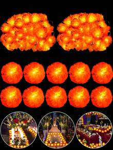 1pc Marigold Wreath With LED Lights, Battery Operated, Decorative, 10pcs LED Artificial Marigold String Lights, Battery Operated, Suitable For Day Of The Dead, Halloween, Diwali, Altar, Grave, Cemetery Decoration - Multicolor - View 2