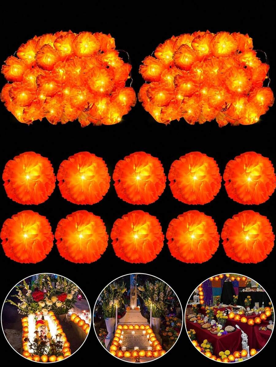 1pc Marigold Wreath With LED Lights, Battery Operated, Decorative, 10pcs LED Artificial Marigold String Lights, Battery Operated, Suitable For Day Of The Dead, Halloween, Diwali, Altar, Grave, Cemetery Decoration