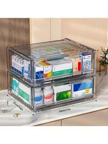 1-Pack Transparent Medicine Storage Cabinet With Sliding Doors - Multi-Drawer Organizer For Home, Bathroom & Kitchen - Durable Plastic No Assembly Required, Compact Space-Saving Design, Modern Home Accessory, Sleek Construction