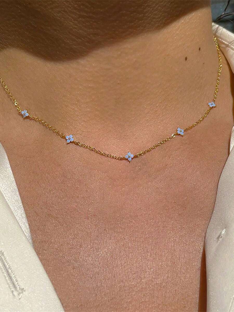 1件蓝色花朵吊坠项链，适合女性佩戴，925纯银链，精致珠宝礼品 - 藍色小花 - 查看 1