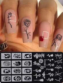 优雅玫瑰美甲印花板 Y2K朋克风格图案，用于美甲装饰，美甲模板，印花板工具 - 彩色 - 查看 1