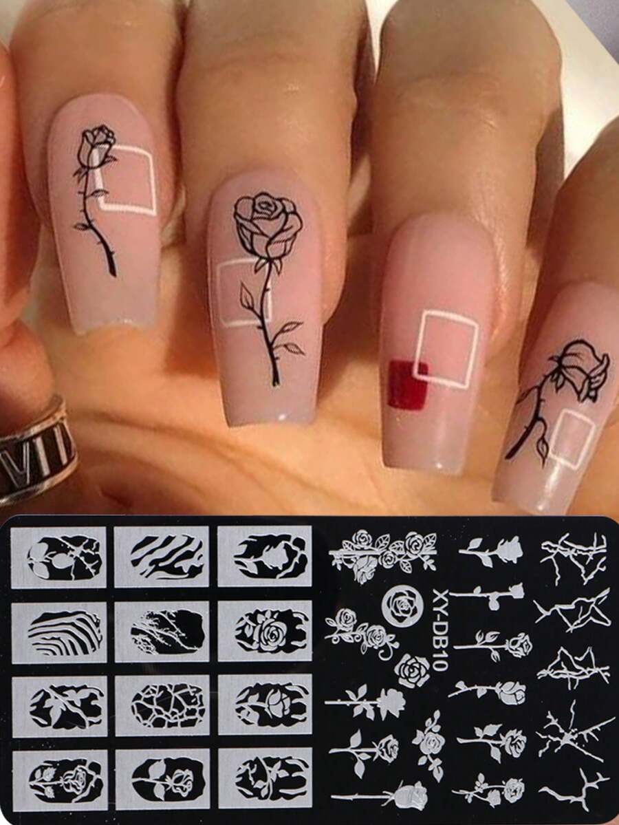 优雅玫瑰美甲印花板 Y2K朋克风格图案，用于美甲装饰，美甲模板，印花板工具 - 彩色 - 查看 1