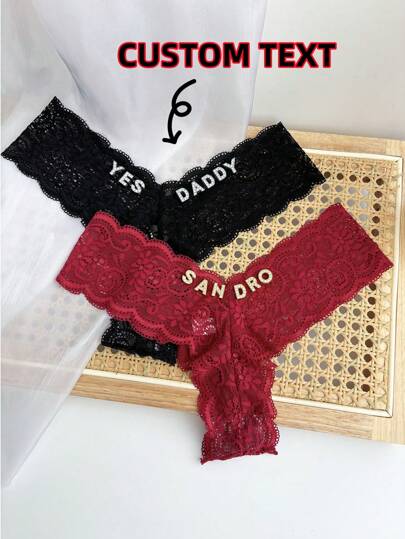 1pc Customized Crystal Letter Decor Lace Tanga Panty, Sexy Bikini Underwear, Personalized G-String, Ideal Gift For Friends, Lovers, Girlfriends On Valentine's Day, Christmas, Halloween, Thanksgiving, Birthday, Anniversary